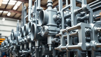 Fototapeta premium Precisely arranged industrial metal components forming geometric patterns under overhead workshop lighting.