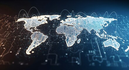 Digital world map with circuit board design representing global connectivity