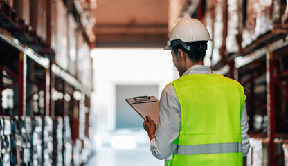 A young male warehouse worker in a white hard hat and bright safety vest looks up at the inventory on the shelves while holding a clipboard. He is focused and attentive to the work.