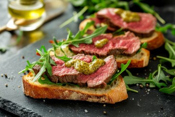 Bruschetta with Roast Beef, Arugula and Mustard Sauce. Healthy Snack