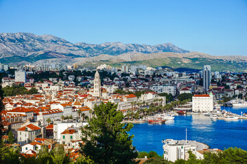 Obraz premium Split city and port seen from Marjan viewpoint with mountains in the background, Croatia