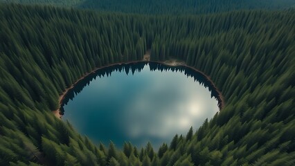 A serene lake shaped like a recycling symbol in a forested valley, viewed from above.