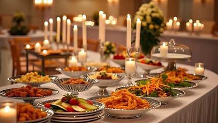An elegant wedding buffet table with gourmet dishes illuminated by soft candlelight.
