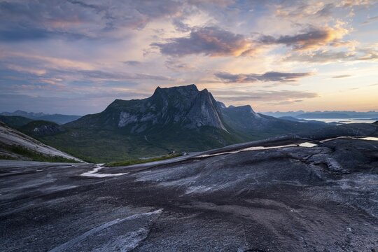 Mountains at the Efjord at sunset, Mount Stortinden, near Narvik, Tysfjord, Ofoten, Norway