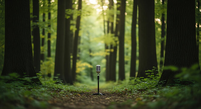 Vintage microphone on a stand in a sun-dappled forest path, capturing the serene sounds of nature