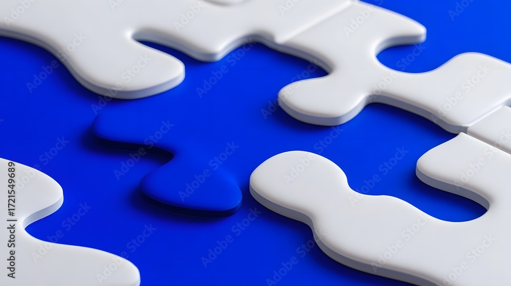 Poster abstract arrangement of white jigsaw puzzle pieces floating on a bold blue background, creating a mi