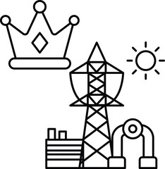 A black and white drawing of a crown, a power line, and a sun