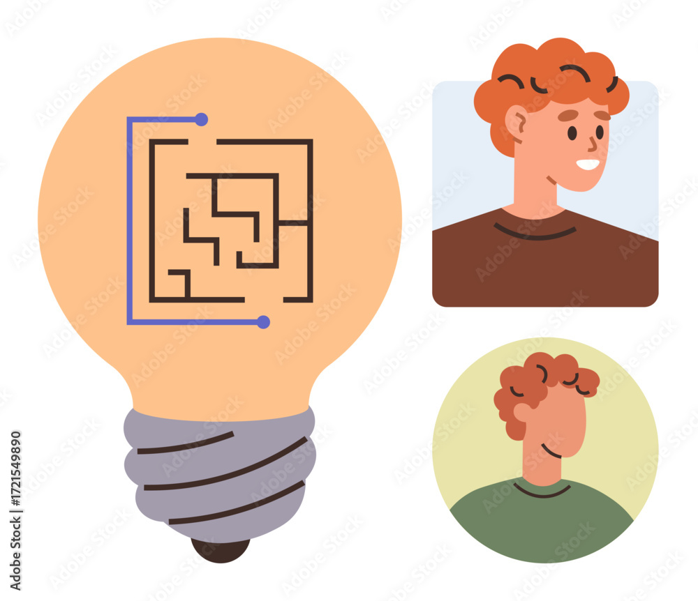 Poster light bulb with circuit maze design paired with two male portraits in profile and front view. ideal 