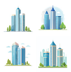 Four stylized illustrations of modern skyscrapers and office buildings with trees and clouds.