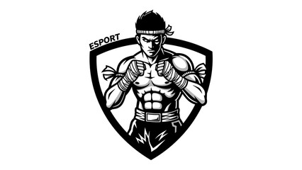 Fierce Muay Thai Fighter Mascot Illustration Esport Logo Emblem in a shield design for a gaming team