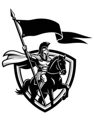 Mascot Illustration Esport Logo Emblem Warrior on Horseback with Flag and Shield