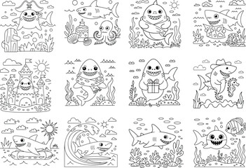 Collection of cute cartoon sharks and ocean life coloring pages for kids featuring a baby shark swimming underwater isolated on white background