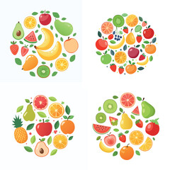 Four circular arrangements of colorful cartoon-style fruits and green leaves on a white background, showcasing a variety of healthy food options.