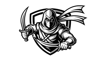 Stealthy Ninja Assassin with Daggers Mascot Illustration Esport Logo Emblem on a shield background