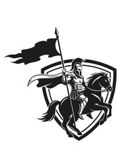 Dynamic Spartan Warrior on Horseback Mascot Illustration Esport Logo Emblem, a powerful and striking design ideal for competitive gaming teams, sports branding, and a strong visual identity