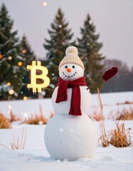 Snowman holding cryptocurrency symbol in snowy landscape
