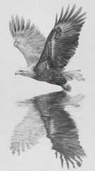 Eagle in flight over water reflection