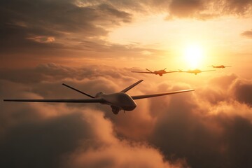 Military drone in flight at sunrise - Security and drone defense