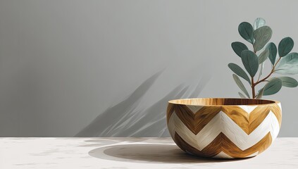 Sunlit chevron-patterned wooden bowl on marble with eucalyptus sprig