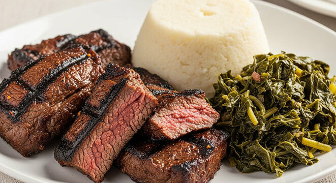 Professional Food Photo of Authentic Kenyan Nyama Choma Grilled Meat with Ugali and Sukuma Wiki