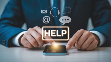Digital Support Icon: A business person, their hands gently interacting with a mobile phone and various support service icons, signifying efficient customer care and technological aid.