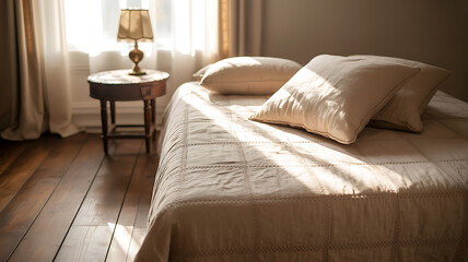 Sunlight streaming into a cozy, neatly made bed with plush pillows, inviting rest.