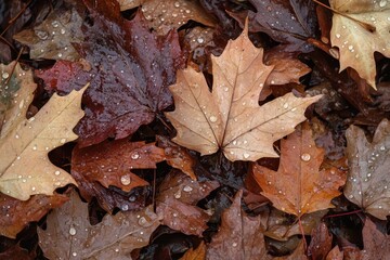 mottled maple leaves with dew drops on forest floor.