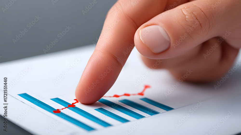 Poster a close-up view of a hand pointing to a graph or chart displaying financial data and analytics on a 