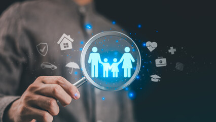 Concept of family insurance protection with magnifying glass highlighting parents and child icons, symbolizing safety, security, healthcare, financial planning, future well-being in modern lifestyle.