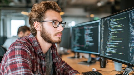 A young man in a plaid shirt working at a computer in a modern office.