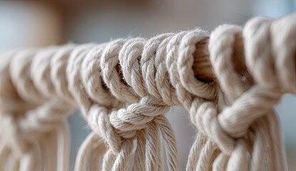 Close-up of creamy macrame cords intricately knotted around a light wood dowel, showcasing detailed craftsmanship and texture