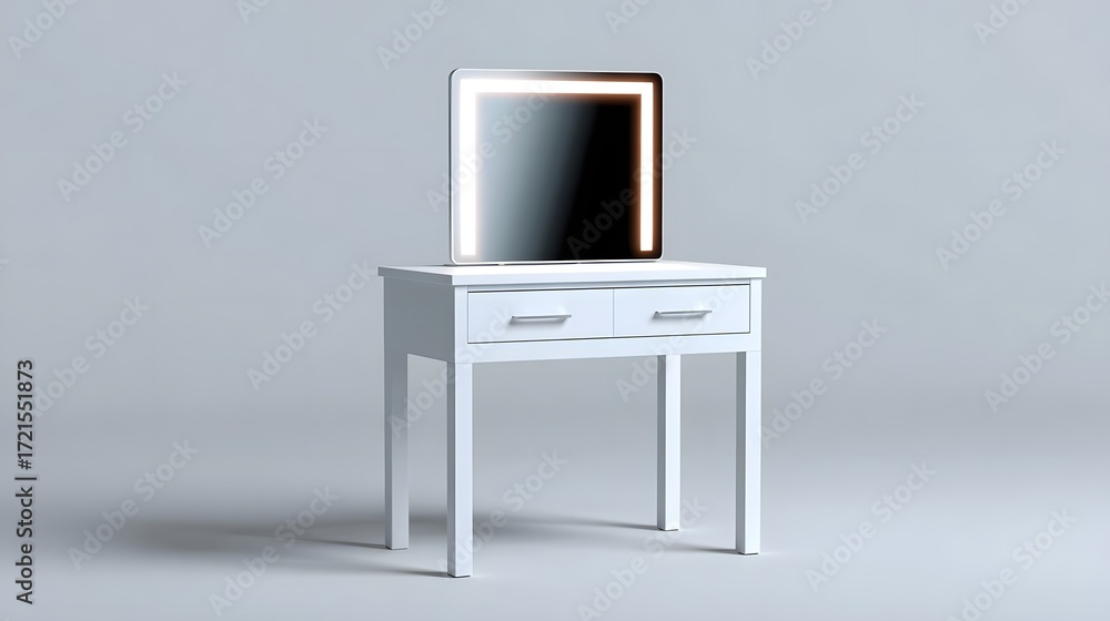 Poster a minimalist white table with drawers, featuring a digital display device placed on top in a clean, 