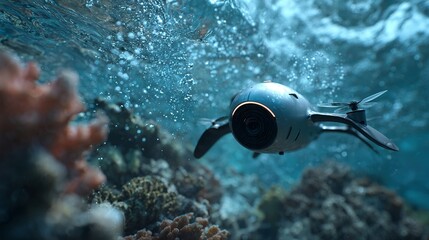 Underwater drone gliding over vibrant coral reefs, capturing the beauty of marine life.