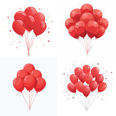 Four clusters of vibrant red balloons tied together, floating against a white background with scattered confetti.
