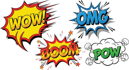 A collection of comic book style speech bubbles with wow boom omg and pow on a white background