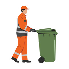 A male garbage collector in an orange uniform and cap pushing a green wheeled trash bin, depicted on a white background.