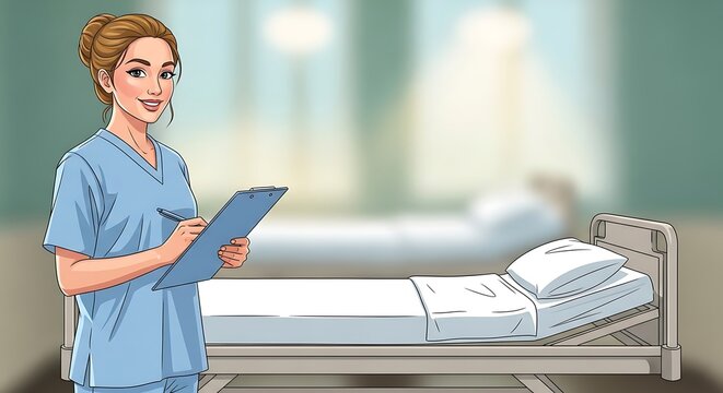 Smiling Female Nurse in Scrubs Holding Clipboard in Hospital Room - Healthcare Professional Illustration