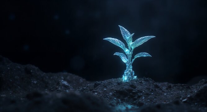 A single, elegant plant made of glowing, translucent blue crystals growing from dark soil. A symbol of future biology, biotechnology, and alien flora. Dark, minimalist, and cinematic background