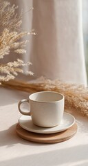 A minimalist off-white teacup and saucer rest on a light wood coaster near dried pampas grass, bathed in soft sunlight
