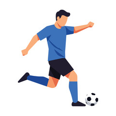 A male soccer player in blue kicking a ball.