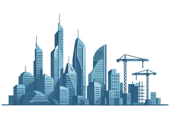 Fototapeta premium Illustration of a futuristic city skyline with urban development and construction, set against a white background, designed for a website banner