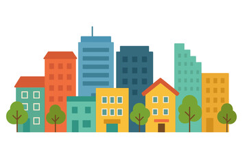 Fototapeta premium A flat cityscape featuring colorful buildings and trees