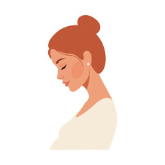 Illustration of a woman with red hair in profile, looking down with closed eyes.