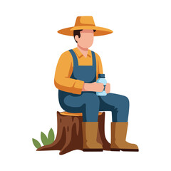 A farmer wearing a hat and overalls sits on a tree stump, holding a water bottle.