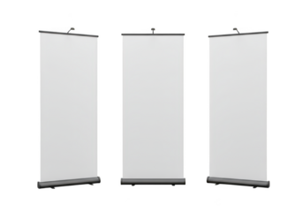 Three blank white roll-up banner stands displayed side by side ready for branding transparent background
