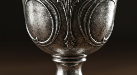 Macro detail of an ornate antique silver goblet with intricate medieval decorative patterns.