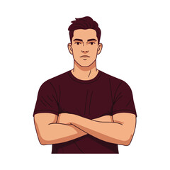 Illustration of a young man with short dark hair, arms crossed, wearing a maroon t-shirt, looking forward.