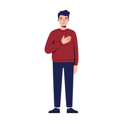 A young man in a red sweater stands with his hand over his heart, expressing sincerity and honesty.