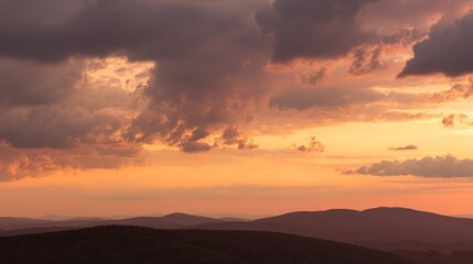 Obraz premium peace. A breathtaking sunset sky panorama with vibrant warm hues and glowing clouds. inspiring travel planning, travel magazines, designed for travel destination branding, inspires travel planning.