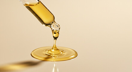 Luxurious golden serum dripping from pipette for skincare ads, showcasing natural beauty products and their hydrating benefits for radiant skin